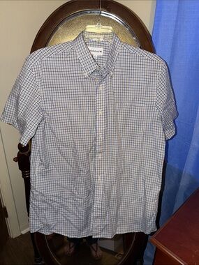 Saddlebred Short-Sleeve White and Blue Checked Button-Down Shirt